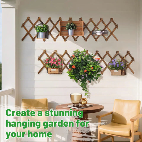 Expandable Wood Wall Trellis for Climbing Plants Outdoor 2-Pack Adjustable Lattice Panels on porch wall with plants and seating