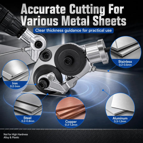 Upgraded Electric Drill Plate Cutter Attachment Metal Nibbler showing thickness guidance for cutting stainless, iron, steel, copper, aluminum.