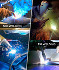 Argon/CO2 welding gas regulator for MIG and TIG welding shown in a four-panel welding collage