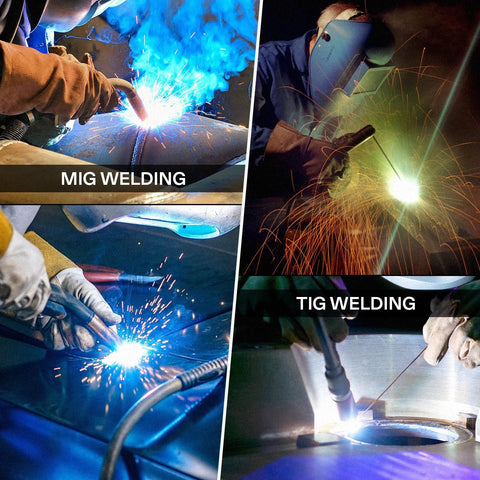 Argon/CO2 welding gas regulator for MIG and TIG welding shown in a four-panel welding collage