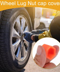 Mechanic installing a fluorescent orange silicone lug nut cap on a wheel, highlighting 20 Pcs Wheel Lug Nut Dust Cap Covers, Fluorescent Orange Silicone Nut Protection Caps For Rims And Tire Screws, Plug And Play Install, Durable, Corrosion Resistant, 2.2x15x20mm