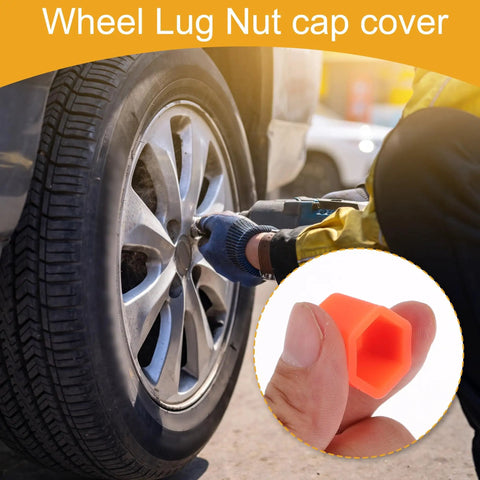 Mechanic installing a fluorescent orange silicone lug nut cap on a wheel, highlighting 20 Pcs Wheel Lug Nut Dust Cap Covers, Fluorescent Orange Silicone Nut Protection Caps For Rims And Tire Screws, Plug And Play Install, Durable, Corrosion Resistant, 2.2x15x20mm