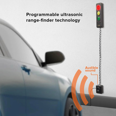 Advanced Garage Parking Aid With LED Light And Color Changing Distance Indicator Parking Sensor With Beep Alerts And Stop Light For Safe In Garage Parking No Hassle wall-mounted garage parking sensor with red yellow green LEDs and sound alert