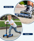 Child riding a blue scooter and roller skate close-up on a paved path in a park.