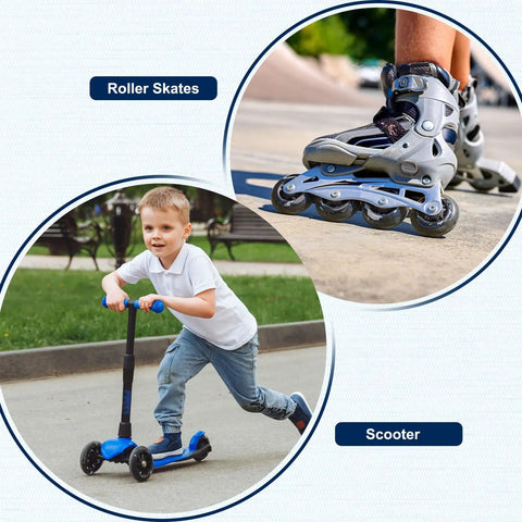 Child riding a blue scooter and roller skate close-up on a paved path in a park.