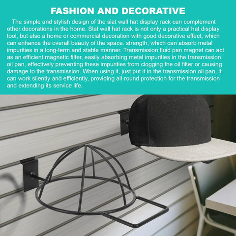 Single slat wall hat display rack on metal slat wall with black baseball cap, showing design and installation.