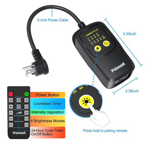 Outdoor String Light Dimmer Plug 560W With Daily Timer And Memory, IP65 Waterproof Plug shown with 8-inch power cable and features