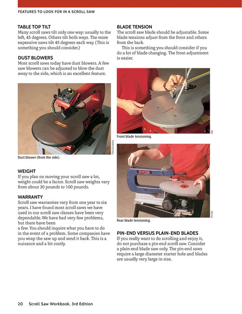 Scroll Saw Workbook Third Edition Top Shelf Beginner Guide features on table top tilt, dust blowers, and blade tension adjustments.