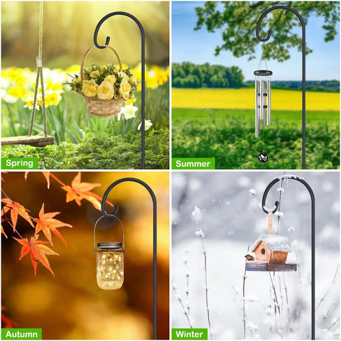 Adjustable 32 Inch Shepherds Hooks display hanging seasonal decor like flowers, wind chimes, lights, and birdhouses outdoors.