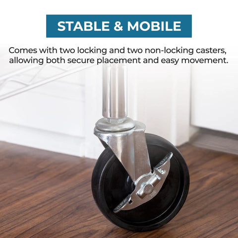 Heavy Duty Four Inch Swivel Caster Wheels Set Of Four Featuring Smooth Roll Action And Secure Locking Brakes on shelving unit.