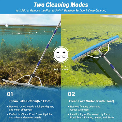 Beast Of A 31 Inch Heavy Duty Landscape And Pond Rake showing dual cleaning modes for lake bottom and surface.