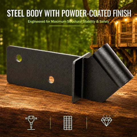 Knee Brace Hardware Kit 1.25 Inch Knee Bracket Compatible, steel bracket with powder-coated finish on wooden background.