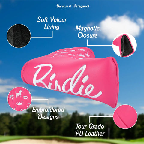 Pink Birdie Blade Putter Cover Made With Tour Grade PU Leather And Velour Lining, embroidered golf club headcover