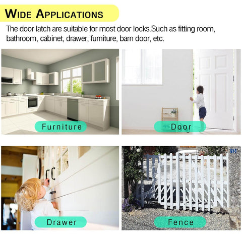Wide applications of Heavy Duty Flip Gate Latches For Barn Doors And Garden Gates 90 And 180 Degree Anti Rust Hasps shown in use on furniture, door, drawer, and fence.