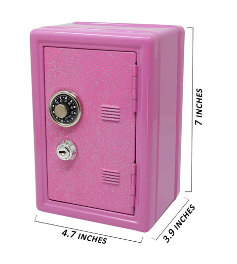Pink Mini Locker Safe for Kids With Easy Combination Lock and Spare Key, kid-friendly security box with dimensions 7x4.7x3.9 inches.