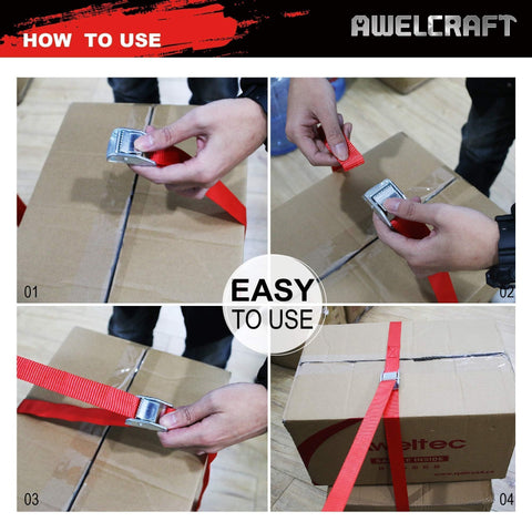 4 steps showing 8 Pack 1 Inch By 12 Foot Lashing Tie Down Straps With Cam Buckle 600 Lbs Breaking Strength Carrying Bag Red For Moving