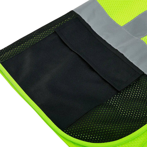 Stay Dead Visible On The Job With This Class 2 Hi Vis Safety Vest Breathable Lime Black Mesh Work Gear Zip Front showing mic tab and reflective strips.
