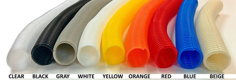 Heavy Duty Split Wire Loom Tubing Beast Mode Polyethylene Corrugated Flexible Conduit in various colors including black and clear.
