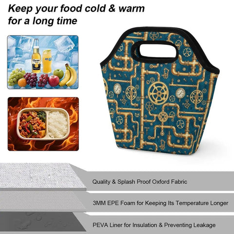 Steampunk Gear Lunch Bag For Women And Men Portable Insulated Waterproof Lunch Box with pipe design and carry handle