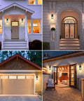 Four homes lit by Three Motion Sensor Outdoor Lights With Dusk To Dawn Function, Matte Black Exterior Wall Mount Lamps For Porch