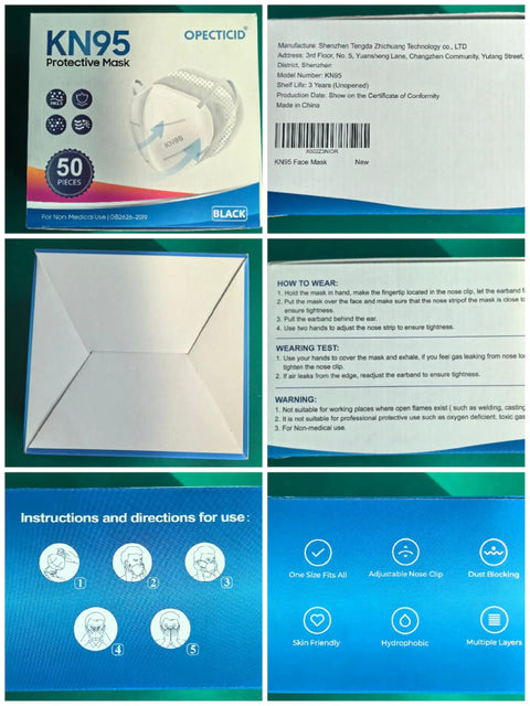 Packaging and instructions for KN95 Face Mask 50 Pack Black Cup Style Breathable 5 Layer Filter Efficiency 95 Percent Disposable Certified Respirator
