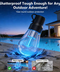 Outdoor String Lights 150Ft RGB IC Dimmable Shatterproof LED Bulbs IP67 Waterproof DreamColor Patio Strip Lights For Backyard Balcony And Outdoor Living With Chasing Effects And Music Sync Via App highlighting durability