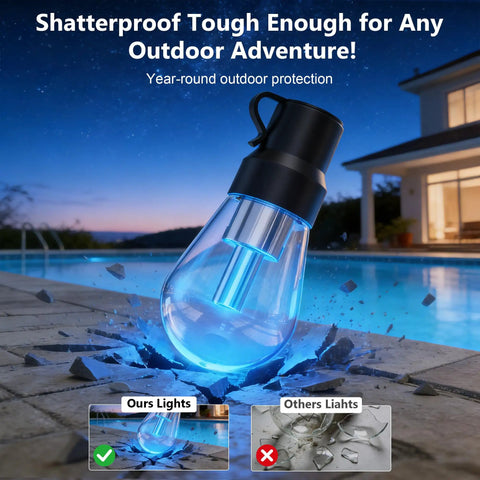 Outdoor String Lights 150Ft RGB IC Dimmable Shatterproof LED Bulbs IP67 Waterproof DreamColor Patio Strip Lights For Backyard Balcony And Outdoor Living With Chasing Effects And Music Sync Via App highlighting durability