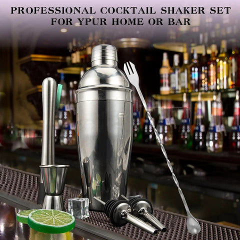 All In One 6 Piece Cocktail Shaker Set With 24 Oz Shaker Muddler Jigger Spoon And Pourers Pro Grade 18 8 Stainless Steel