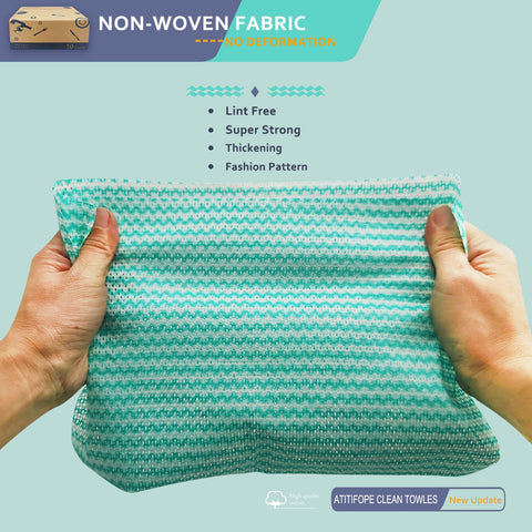 Hands holding green Heavy Duty Reusable Cleaning Cloths 50 Pack 11.8 By 15.7 Inches; non-woven fabric, texture visible