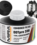 DotPro 330 Industrial Filter for 40mm NATO respirator, shown with connected full-face mask, designed for A2B2E2K2HgP3 filtration.