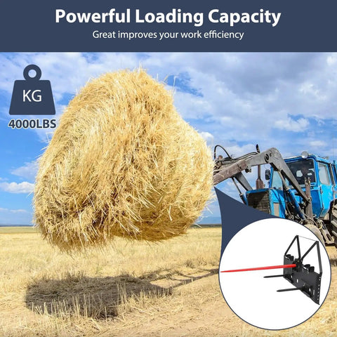 49 Inch Beefy Heavy Duty Hay Spear Bale Spike With 4500 Pounds Capacity And Tapered Tip lifting large hay bale on tractor