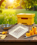 White Plastic Queen Marker Cage Clip Beekeeping Tool for easy queen capture on a wooden table near a yellow hive