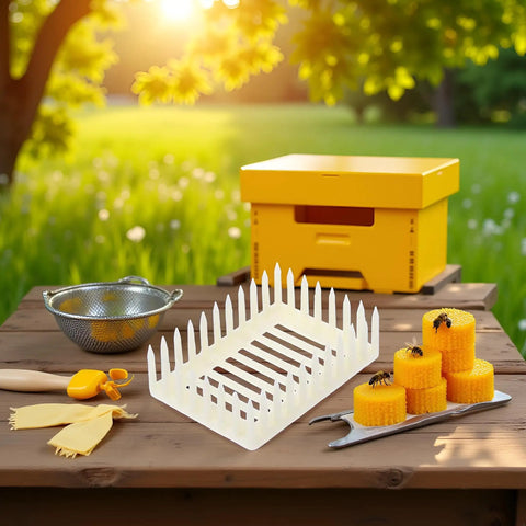 White Plastic Queen Marker Cage Clip Beekeeping Tool for easy queen capture on a wooden table near a yellow hive