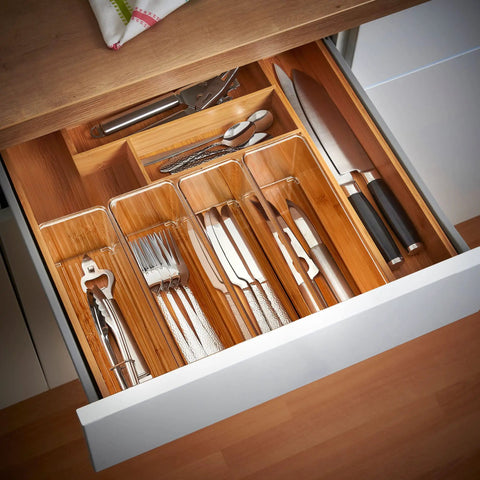 8 Pack Deep Drawer Organizers For Kitchens Closets And Bathrooms Super Solid Storage Bins with kitchen utensils neatly sorted.