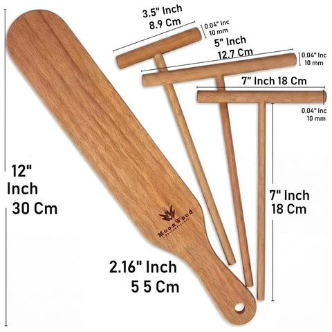 Crepe Spreader Set With Turner Four Piece Wooden Batter Tools 3.5 Inch 5 Inch 7 Inch 12 Inch T Shaped Design For Pancakes