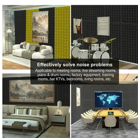 Heavy Duty Soundproof Wedge Foam Wall Panels For Home Studio Acoustic Treatments Peel And Stick in various room settings.