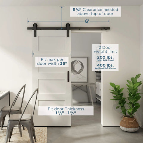 Designer Interior Barn Door Hardware Kit 72 Inch Matte Black Sliding Track specifications for door clearance and weight limit