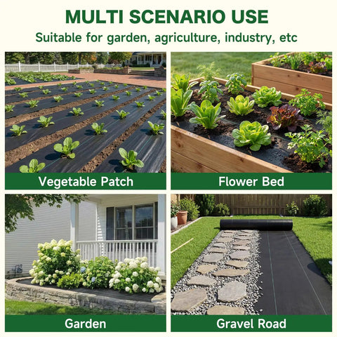Heavy Duty Weed Barrier Landscape Fabric 4 Ft By 300 Ft 3.2 Oz Permeable Ground Cover installed in various garden scenarios