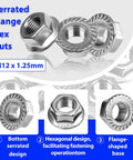 Heavy Duty M12 x 1.25mm Serrated Flange Nut Set, Hex Lock Nuts In 304 Stainless Steel, labeled features, 10 pack