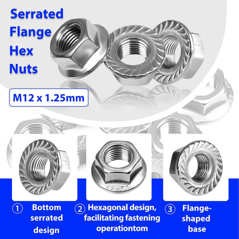 Heavy Duty M12 x 1.25mm Serrated Flange Nut Set, Hex Lock Nuts In 304 Stainless Steel, labeled features, 10 pack