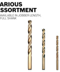 Bosch cobalt drill bits trio, front view, gold finish, full-shank bits