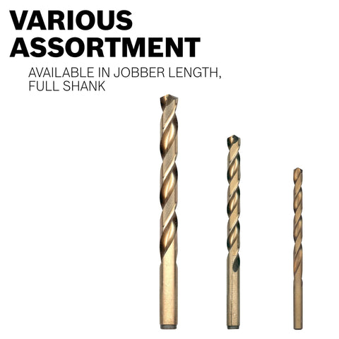 Bosch cobalt drill bits trio, front view, gold finish, full-shank bits