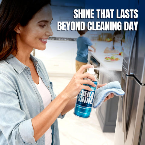 Woman using Stainless Steel Cleaner And Polish 10oz Cleans Polishes And Protects Kitchen Appliances Like Refrigerators Sinks Ovens And Grills