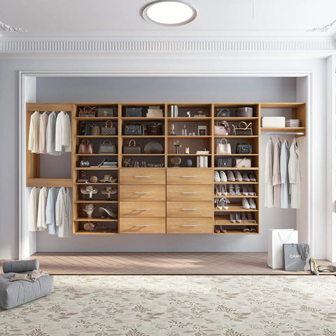 The Real Deal Modular Closet System 96 Inch Wall Mounted Organizer made from sturdy wood with adjustable shelves, spacious drawers, and versatile hanging options.