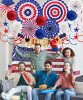 Patriotic Decorations Bundle for Veterans Day and Fourth of July with paper fans, poms, USA flags, Love USA banner, star streamers.