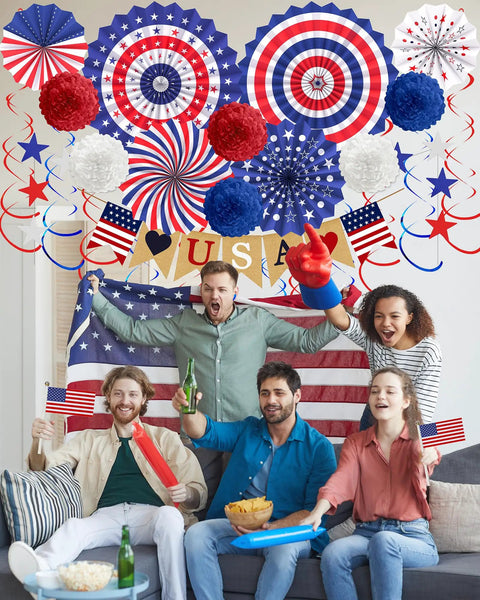 Patriotic Decorations Bundle for Veterans Day and Fourth of July with paper fans, poms, USA flags, Love USA banner, star streamers.