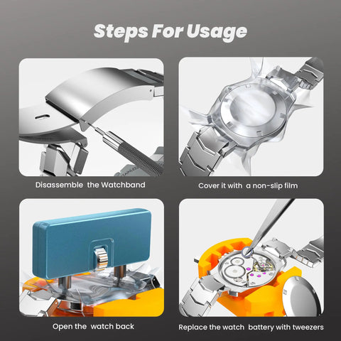 Watch Battery Replacement Kit With Case Back Opener, Five In One Screwdriver, Pry Tools, Spring Bar Tool, Tweezers instructions