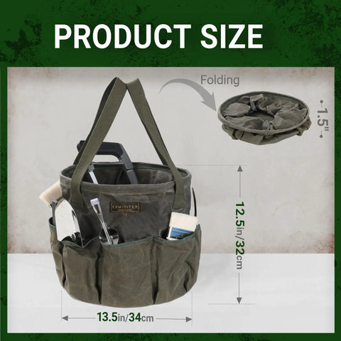 Tough As Nails Heavy Duty Self Standing Tool Bag With Eight Pockets And Slick Organization For Garden Work Camping Trips Car Trunk Hauls Water Resistant Waxed Canvas dimensions measuring 13.5in height.