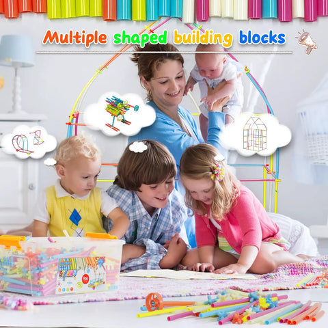 Kids playing with Straw Constructor STEM Building Toy Kit With 600 Pcs Interlocking Gear Blocks and colorful macaron connectors