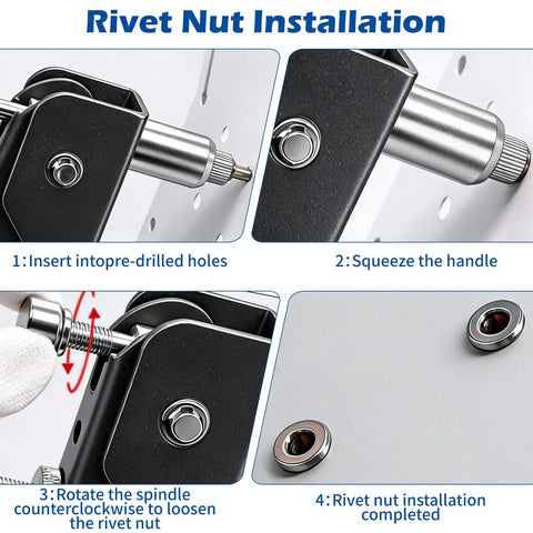 All In One Rivet Nut Tool Kit With 430 Pcs Metric Rivnuts Five Size Assortment M3 M4 M5 M6 M8 Hand Nutsert Tool installation steps
